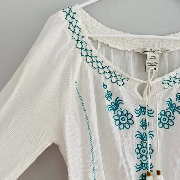 💜American Rag- White Teal Embroidered BOHO Top XL - Picture 8 of 12